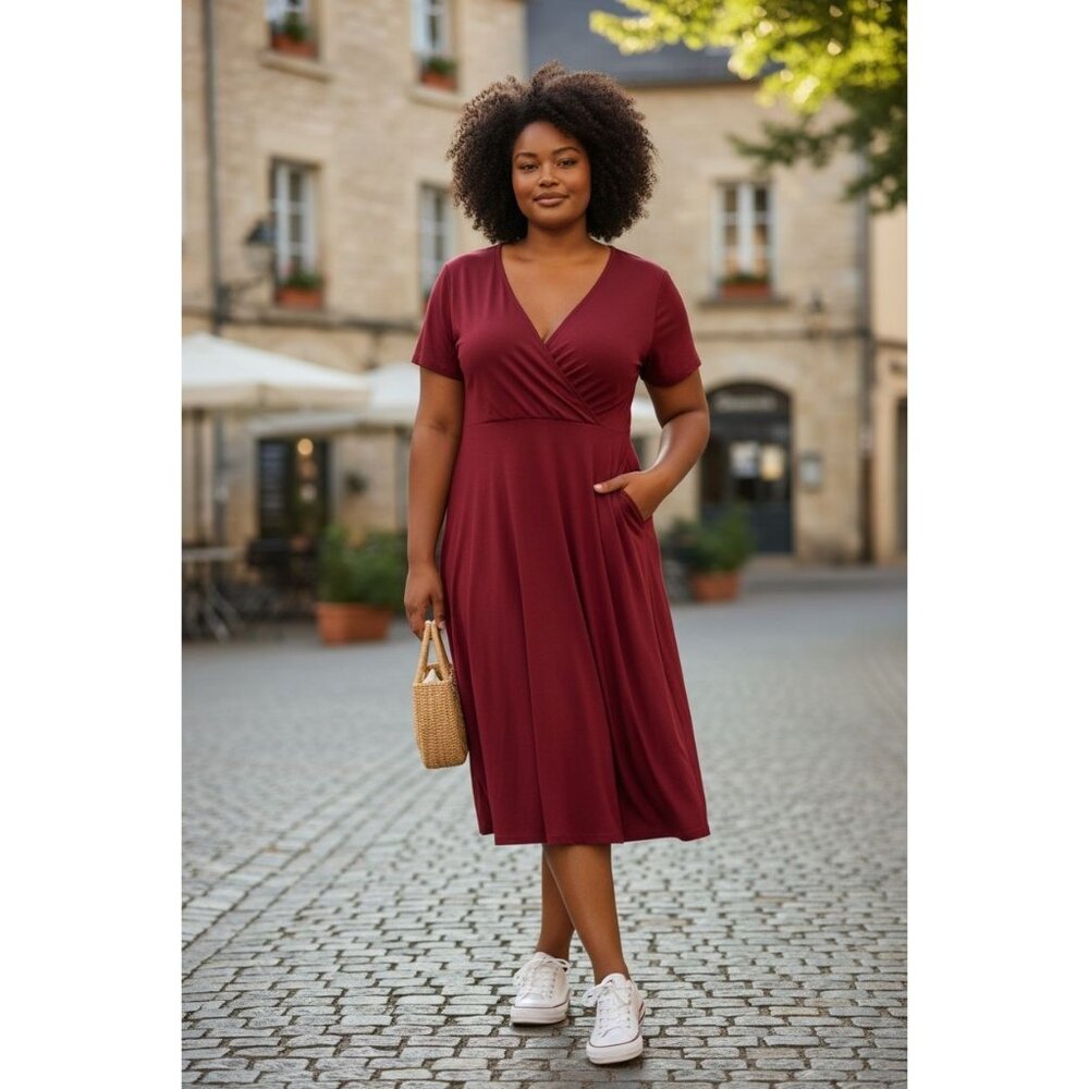 Nemidor Women Plus Size 18 Burgundy Surplice V Neck Dress Flutter Sleeve Classic